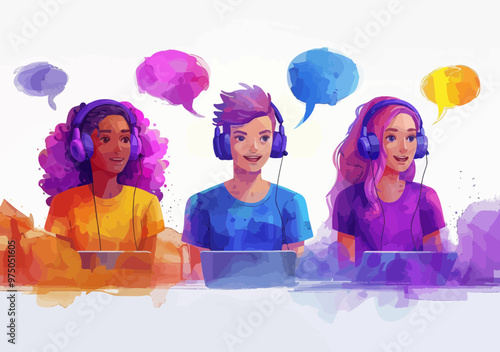Colorful Call Center Operators with Headsets in Speech Bubbles Illustration - Customer Service Team, Hotline, Technical Support, Vector Art