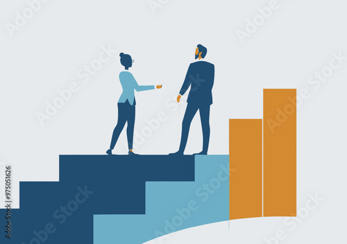 Leader guiding employee towards career growth and success with step-by-step progress illustration in a minimalistic business concept vector