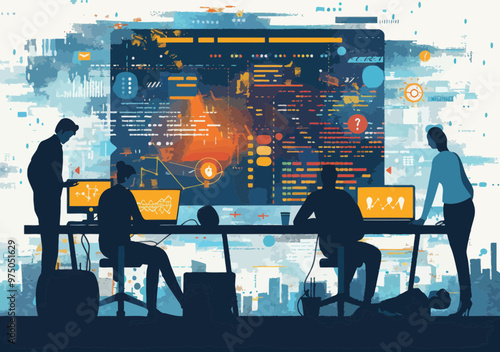 Web Development Team Working on Coding Project in Modern Office Setting, Team Collaboration, Programming, Coding, Technology, Minimalistic Vector Illustration
