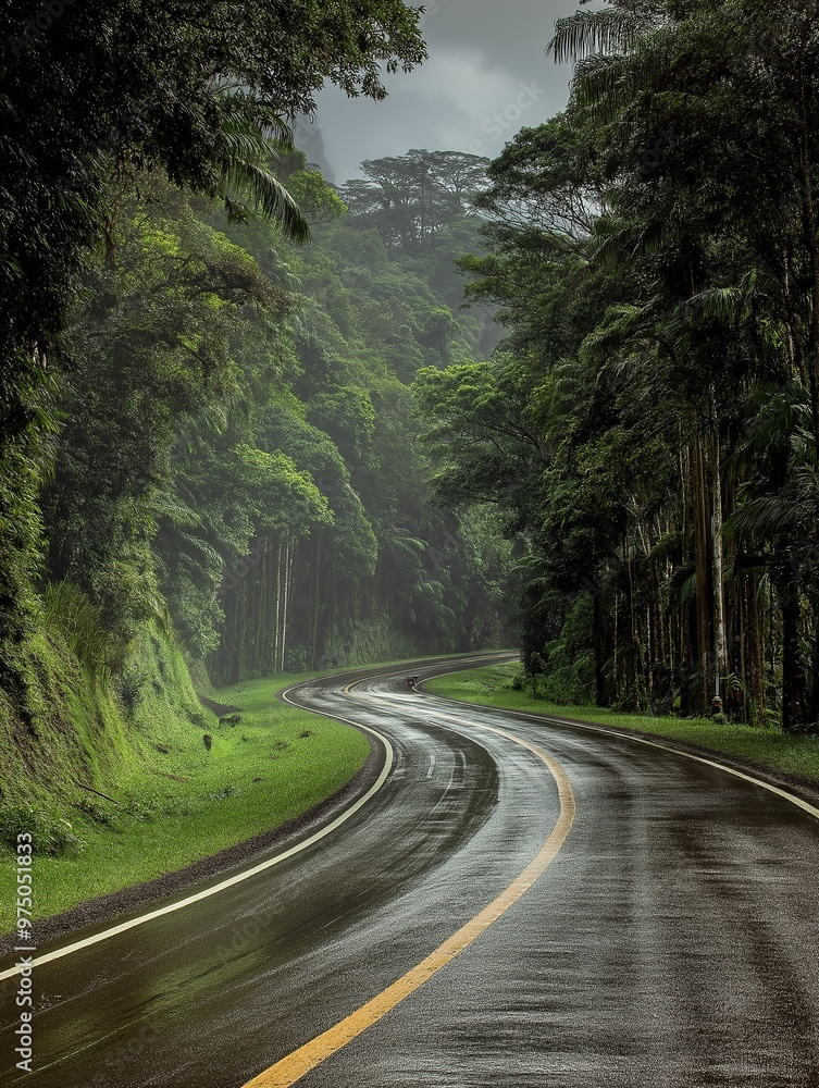 Rainforest road: lush, green foliage, remote allure, and travel vibes. Rainforest road: lush, green foliage, remote allure, and travel vibes.