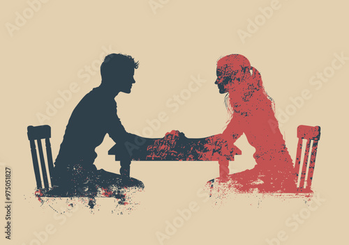 Man and Woman Arm Wrestling Silhouette, Strength Competition, Business Concept Illustration, Minimalistic Vector Design, Daytime, Competitive Mood