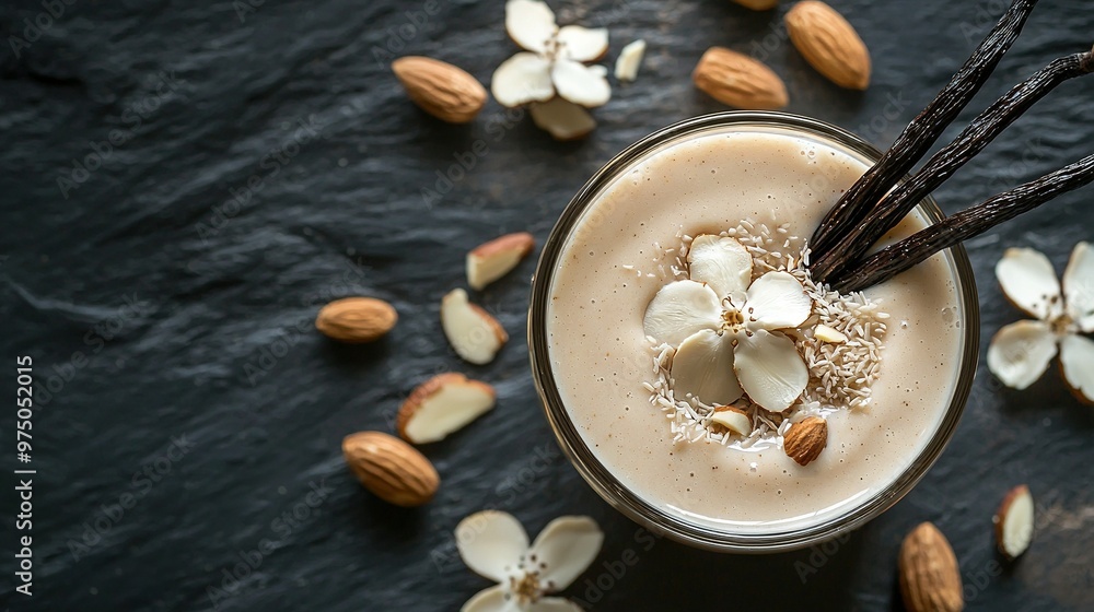 A drink on a table with almonds and food items nearby A drink on a table with almonds and food items nearby