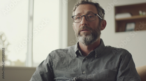 intimate documentary interview setup with the subject speaking thoughtfully into the camera, bathed in natural light. The background should be clean and minimalistic, focusing on t photo