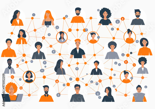 Teleconferencing Network Communication with Diverse Team Connecting Over the Network for Business Collaboration, Minimalistic Vector Illustration