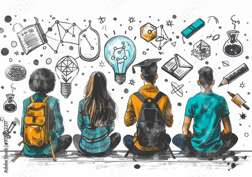 Students learning science concepts with teacher illustration, education theme vector, pupils with backpacks, minimalistic design, daytime academic environment, knowledge stream, futuristic classroom