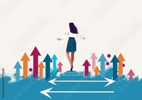 Female Business Leader Guiding Direction Forward on Arrow Path - Concept Illustration of Leadership, Progress, and Empowerment in Business Strategy at Daytime, Minimalist Vector Design