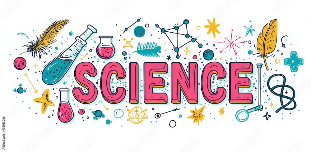 The word science illustrated in a vibrant flat style with laboratory elements like test tubes, molecules, and scientific symbols The word science illustrated in a vibrant flat style with laboratory elements like test tubes, molecules, and scientific symbols