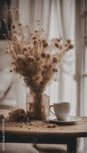 Still life with coffee cup vase of dried flowers on wooden table Rustic boho style living room inter
