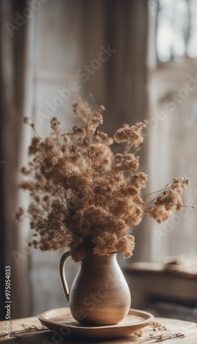 Still life with coffee cup vase of dried flowers on wooden table Rustic boho style living room inter