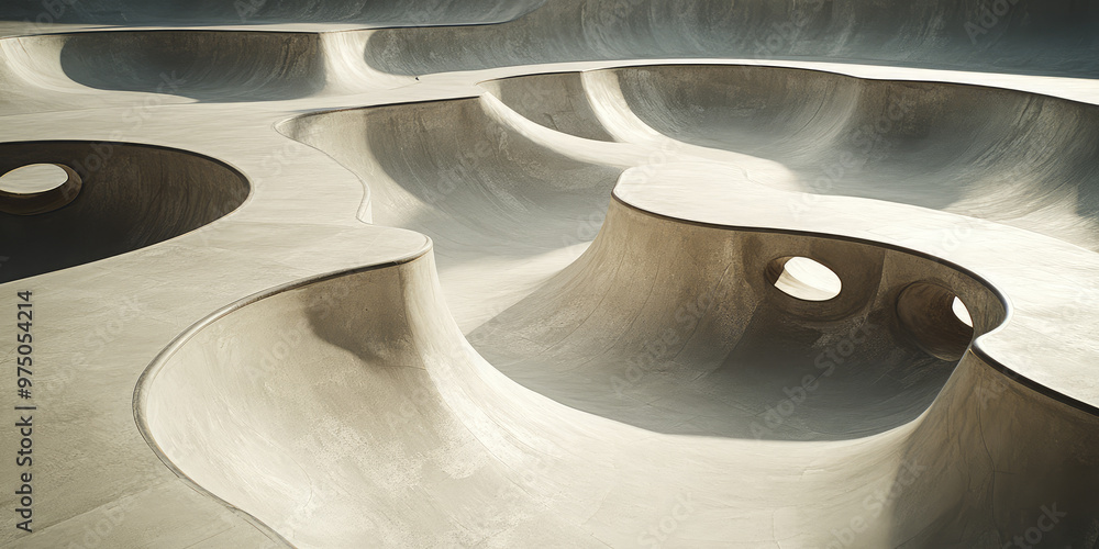 Empty skating skate park design, skateboarding activity, concrete, nobody Empty skating skate park design, skateboarding activity, concrete, nobody