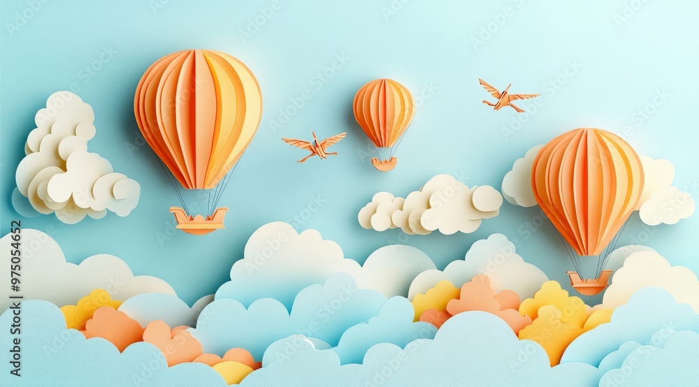 Whimsical Hot Air Balloons in a Pastel Colored Sky with Playful Clouds Whimsical Hot Air Balloons in a Pastel Colored Sky with Playful Clouds