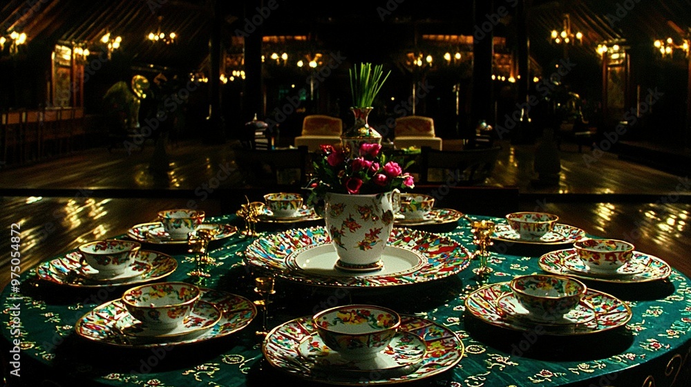 A plate-cup arrangement with a vase of flowers on top A plate-cup arrangement with a vase of flowers on top