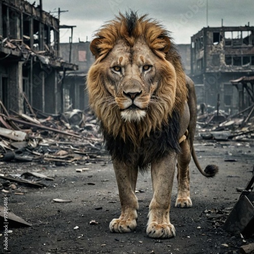 Lion in a Ruined City. photo