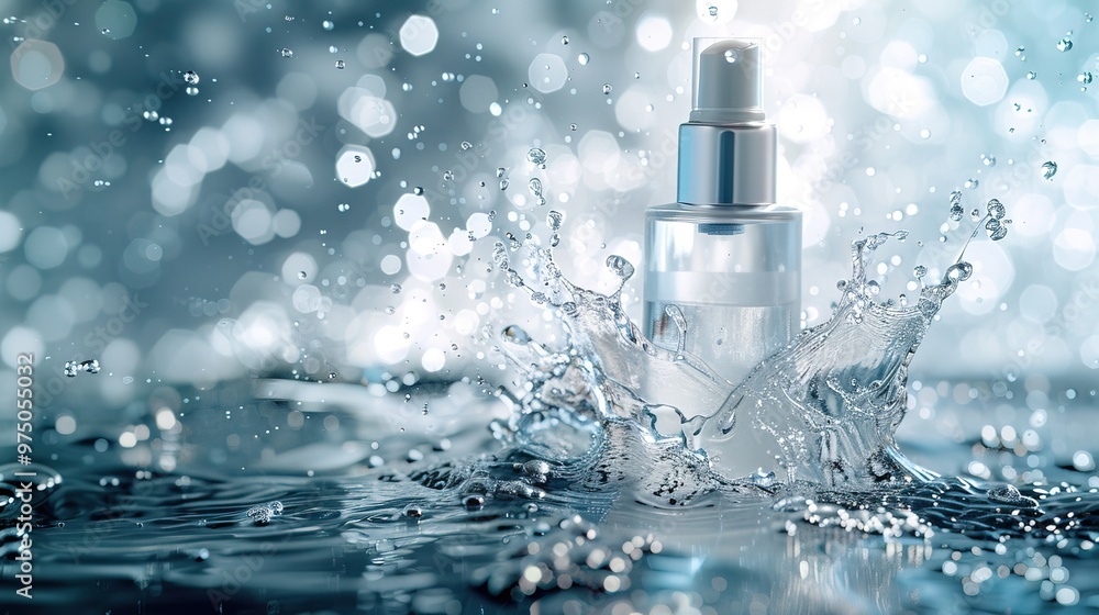 Cream bottle mock up in water splash for cosmetic ad on bokeh background. Makeup Product Advertisement Cream bottle mock up in water splash for cosmetic ad on bokeh background. Makeup Product Advertisement