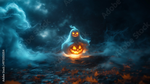 Halloween Ghost with a Glowing Pumpkin