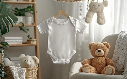 White blank baby onesie mockup hanging in a cozy nursery decorated with plush teddy bears and soft furnishings photo