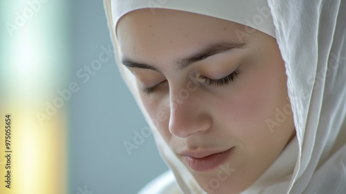 Serene image of a young muslim woman deep in reflection, eyes closed, wearing a white hijab, embodying peace and hope. Shows spirituality and cultural beauty