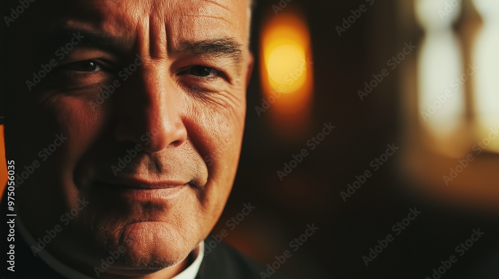 Close up of a priest with a subtle smile standing in a church with light coming through a stained glass window in the background Close up of a priest with a subtle smile standing in a church with light coming through a stained glass window in the background