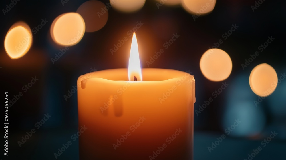 Single burning candle is illuminating the dark with blurry bokeh lights in the background. The image evokes a feeling of hope, peace, and spirituality Single burning candle is illuminating the dark with blurry bokeh lights in the background. The image evokes a feeling of hope, peace, and spirituality