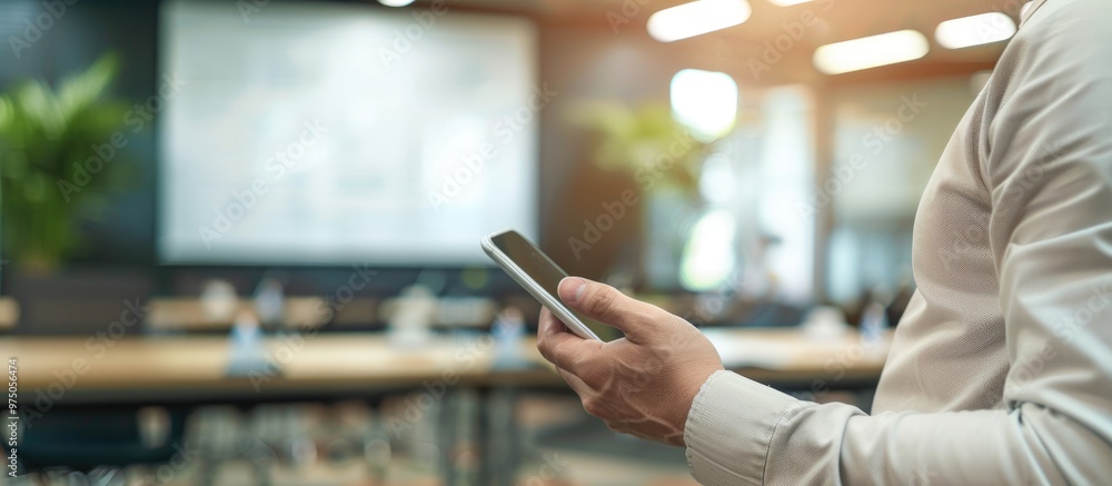 Man Use Mobile Phone Blur Image Of Conference Room As Background Man Use Mobile Phone Blur Image Of Conference Room As Background