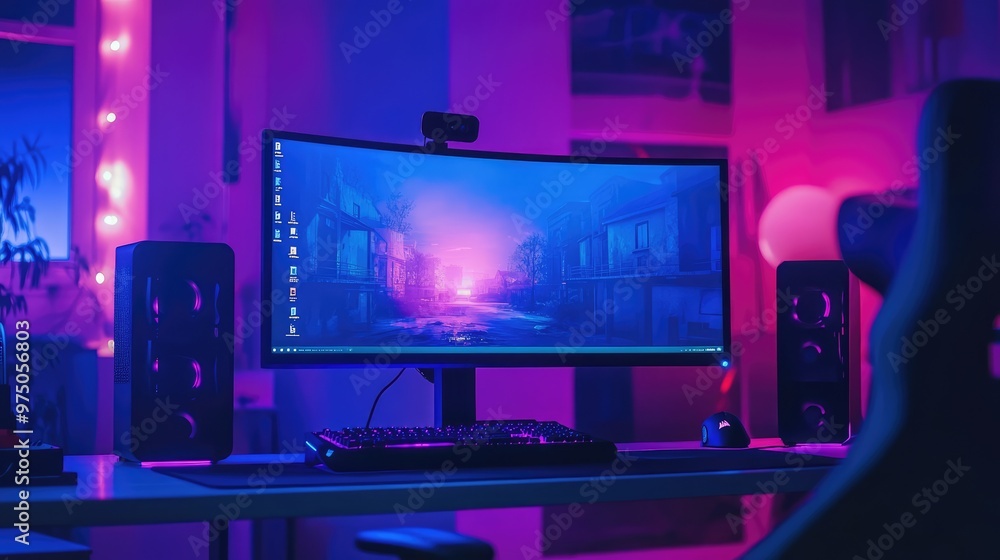 Fototapeta premium Gaming Computer on Desk with Neon Lights. AI generated illustration