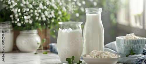 Milk Products Tasty Healthy Dairy Products On A Table On And Milk Jar Glass Bottle And In A Glass