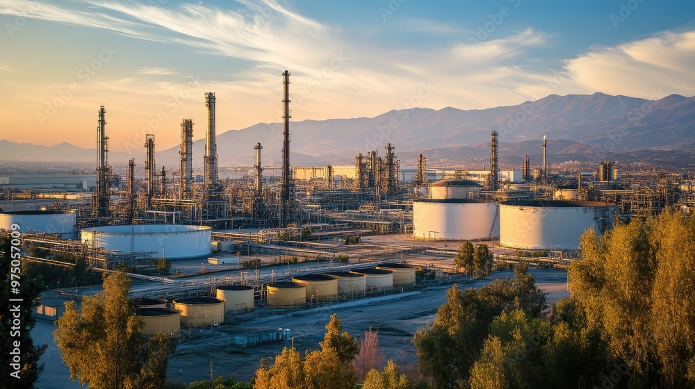 Naklejka premium Gas Storage Tanks and Oil Refinery Plant. AI generated illustration