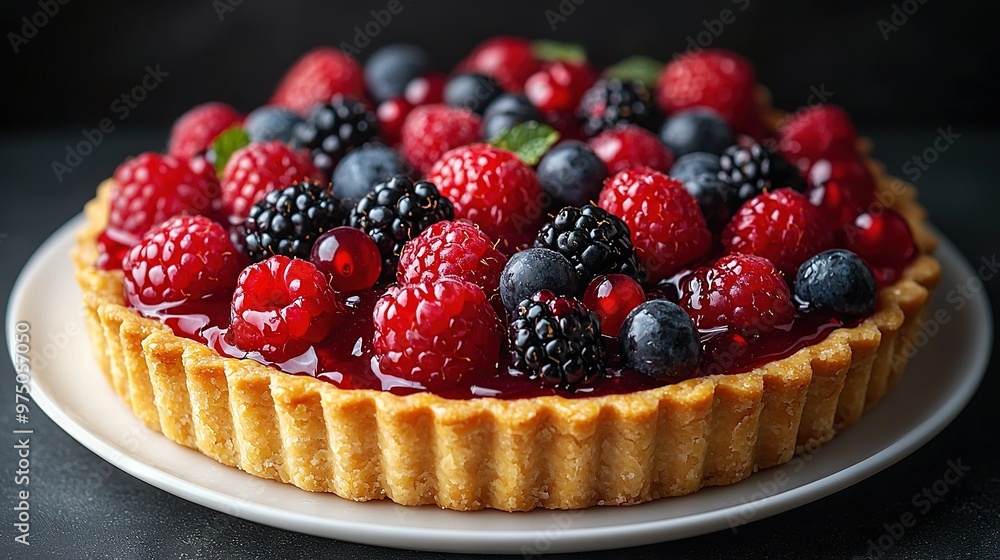 A tart adorned with berries, raspberries, blueberries, and mint graces a pristine white plate A tart adorned with berries, raspberries, blueberries, and mint graces a pristine white plate