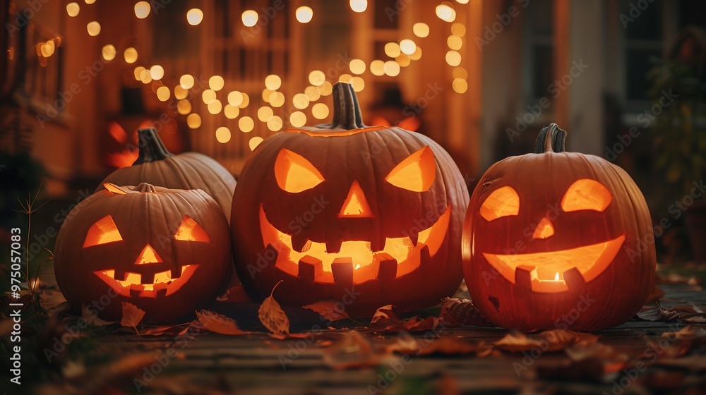 Fototapeta premium Three jack o' lanterns lit with candles on a porch for Halloween