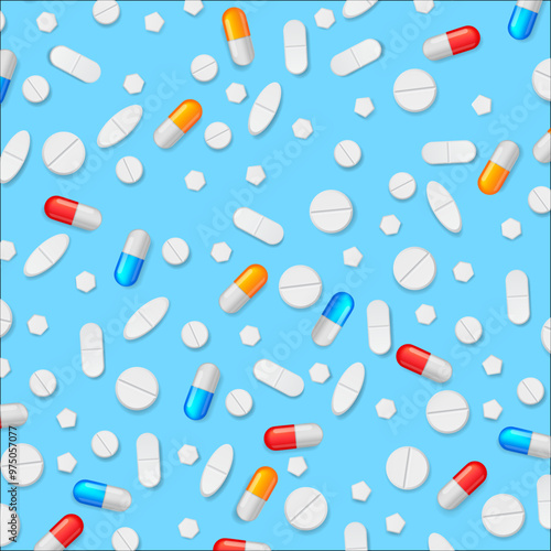 abstract background for medicine. various capsules, tablets and pills scattered on the table.Painkillers, antibiotics, vitamins, amino acids, minerals, bio active additive, sports nutrition.