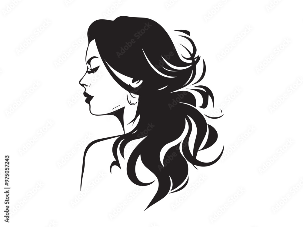 Elegant black silhouette of a woman with flowing hair in profile on a white background. Concept of femininity, beauty, minimalist design, stylish haircut. Print, icon, design element Elegant black silhouette of a woman with flowing hair in profile on a white background. Concept of femininity, beauty, minimalist design, stylish haircut. Print, icon, design element
