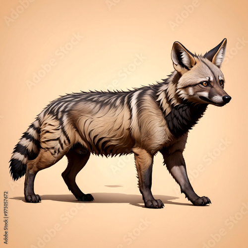 Striped fox-like animal with bushy tail standing