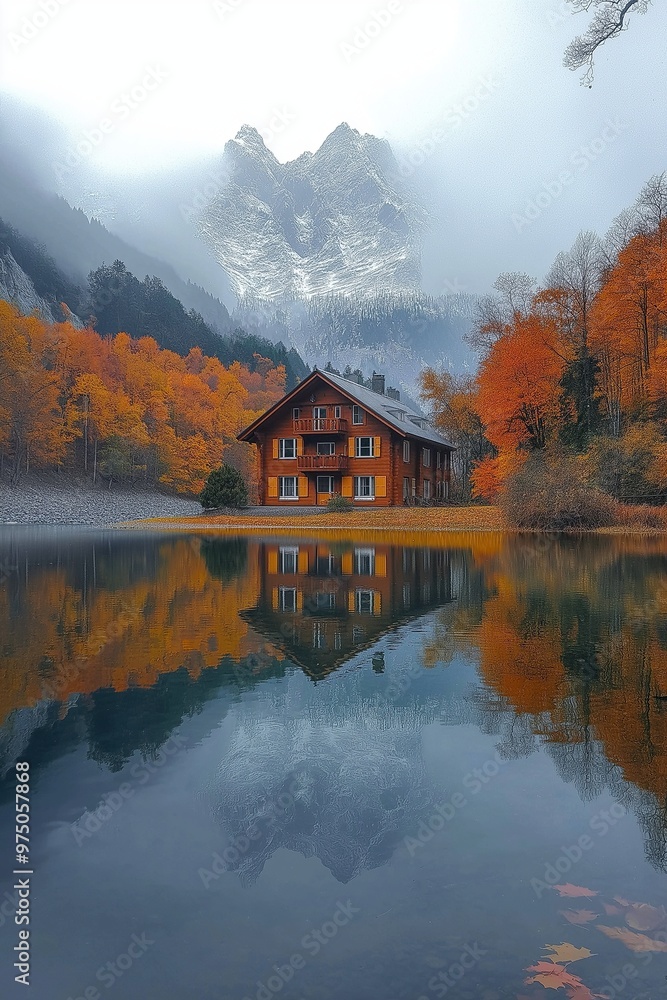 Fototapeta premium Tranquil autumn scene with reflective lake, colorful trees, house, and mountains.
