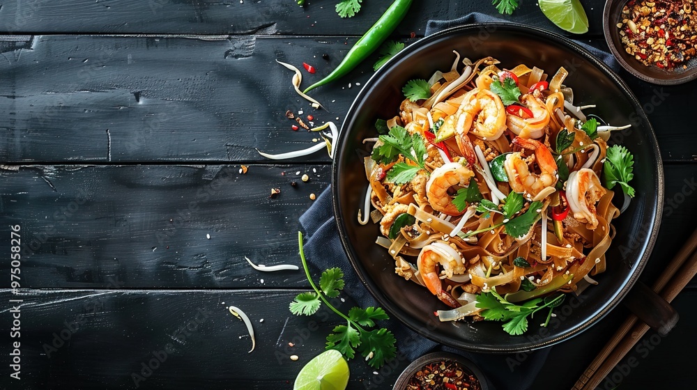 Top view of Pad Thai on a black wooden table, Thai food, national food Top view of Pad Thai on a black wooden table, Thai food, national food