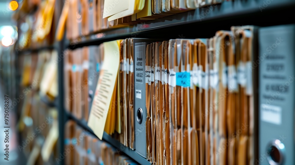 Close up of a file cabinet with folders and binders in an office setting. Close up of a file cabinet with folders and binders in an office setting.
