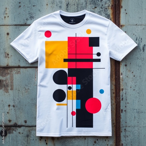 T-shirt dengan desain geometris warna-warni. photo