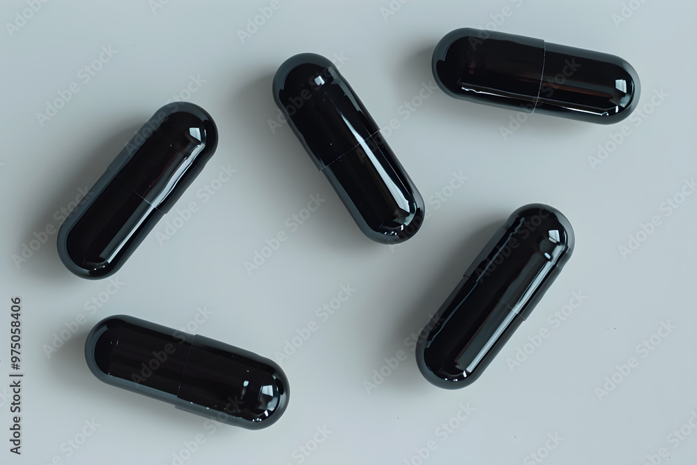 Black capsules on a white background. Banner template for advertising vitamins, medicines, healthy lifestyle, microelements with copyspace Black capsules on a white background. Banner template for advertising vitamins, medicines, healthy lifestyle, microelements with copyspace