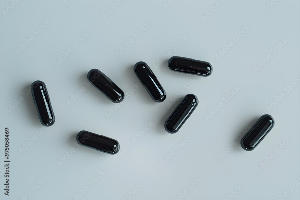 Black capsules on a white background. Banner template for advertising vitamins, medicines, healthy lifestyle, microelements with copyspace Black capsules on a white background. Banner template for advertising vitamins, medicines, healthy lifestyle, microelements with copyspace