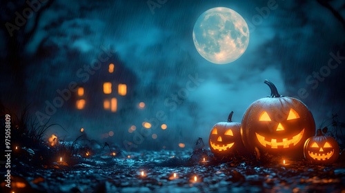 Pumpkins and Haunted House on a Moonlit Halloween Night
