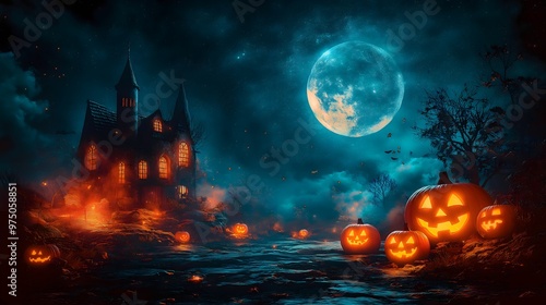 Pumpkins and Haunted House on a Moonlit Halloween Night
