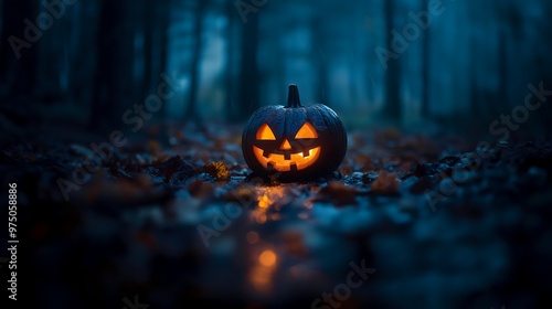 A glowing Jack-O'-Lantern sits in the middle of a dark, misty forest, illuminated from within by a warm orange light