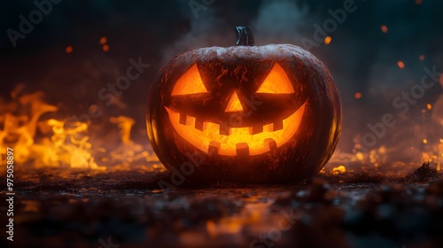 A fiery Jack-O'-Lantern stands at the center of a burning scene, with flames and embers surrounding the glowing carved pumpkin