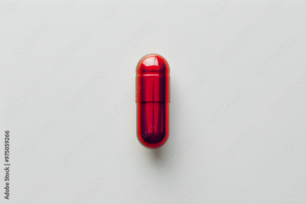 Metallic red capsule on a white background. Banner Design template for advertising vitamins, medicines, healthy lifestyle, microelements copyspace