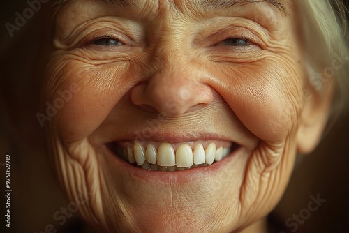 Close-up of joyful elderly woman radiating positivity, emphasizing positive aging joyfully.