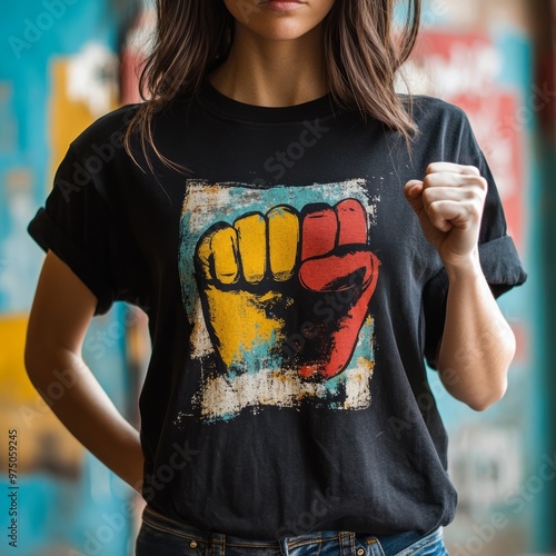 T-shirt dengan gambar kepalan tangan berwarna. photo