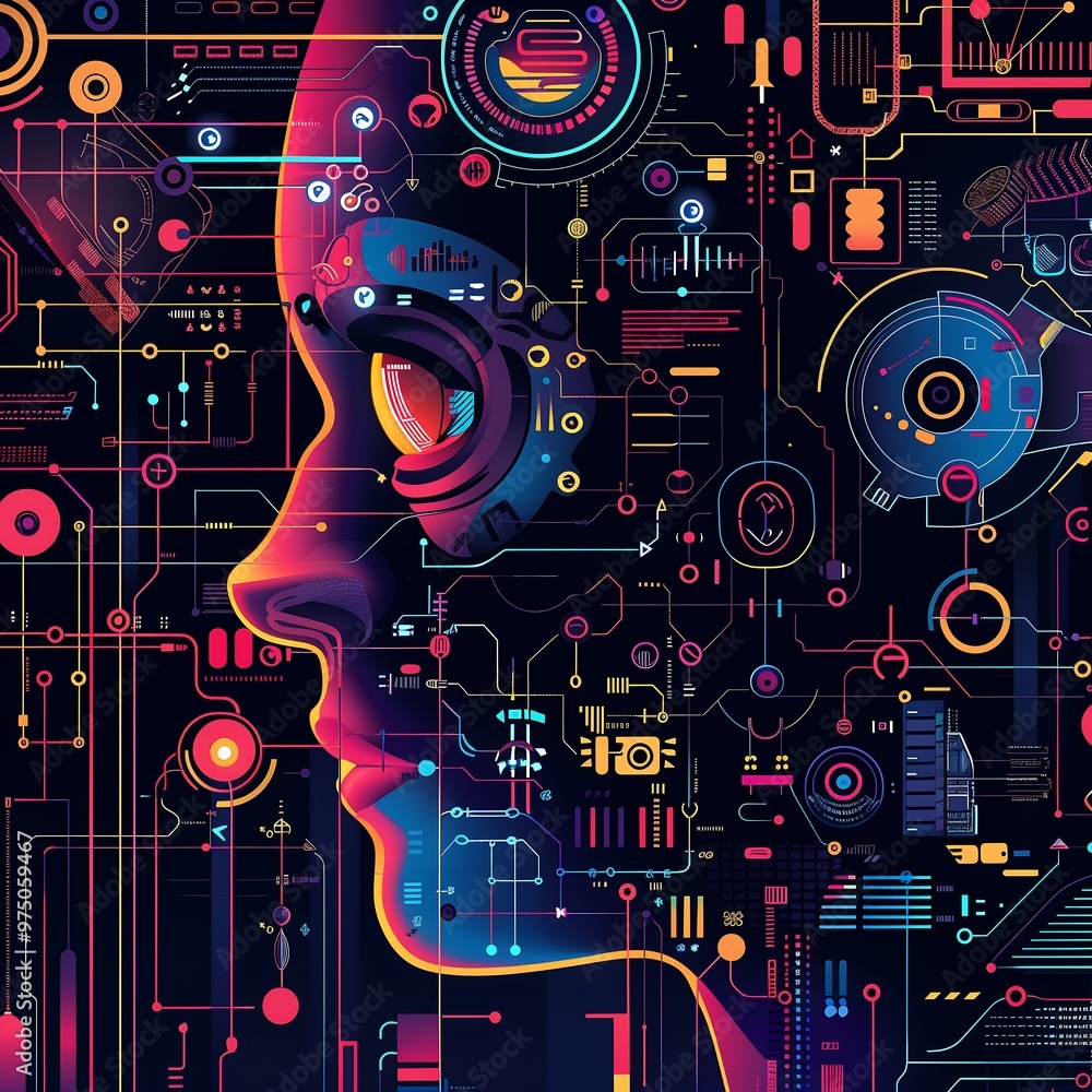 Abstract futuristic illustration of a cyborg face with glowing circuits and technology Abstract futuristic illustration of a cyborg face with glowing circuits and technology
