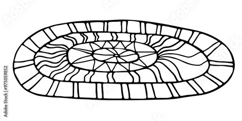 Cute hand drawn round rug with ornament on white background. Element of the cozy home interior. Simple doodle clipart in a trendy minimalism style. Vector illustration. Floor carpet with stripes.