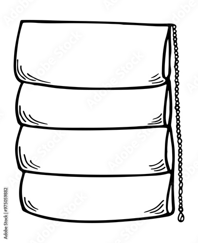 Window blinds horizontal vertical closed open. Sketch blind roman curtains. Jalousie drapes for office, house, room on white background. Vector illustration. Home decor. Doodle textile.