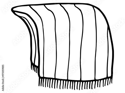 Folded blanket. Side view. Hand-drawn cozy winter element. Doodle style, isolated quilt on white. Cozy coverlet vector illustration. Fringe folded coverlid for bedroom, sofa, chair, patio, picnic.