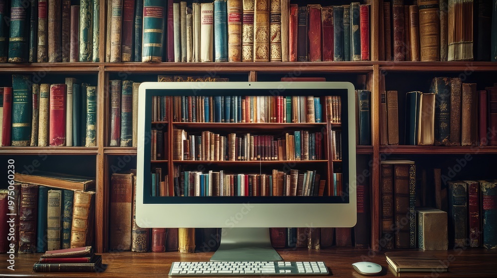 Digital Library Inside a Computer. AI generated illustration. Digital Library Inside a Computer. AI generated illustration.